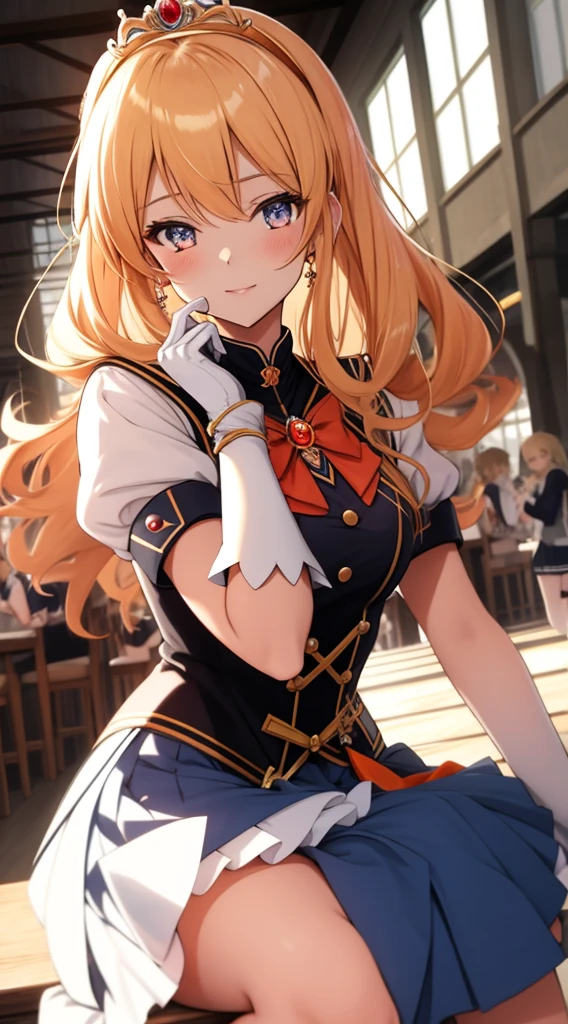 Meisterwerk, best quality, hight resolution, Venus1, 1girls, nur, Matrosen-Senshi-Uniform, Sailor Venus, Aino Minako, blondes Haar, magical girl, blaue Augen, Orangefarbener Rock, Ellbogen-Handschuhe, Tiara, Faltenrock, Haarschleife, orangefarbener Matrosenkragen, Minirock, Halskette, Rote Schleife, orange Halskette, white gloves, sehr langes Haar, Schmuck, Ohrringe, sitzend, gekreuzte Beine,
