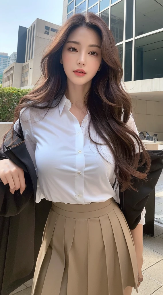 (Best quality, High resolution, Masterpiece :1.3), A tall and pretty woman, Slender abs, Dark brown hair styled in loose waves, Breasts, White button up shirt, Black pleated skirt, (Modern architecture in background), Details exquisitely rendered in the face and skin texture, Detailed eyes, Double eyelid