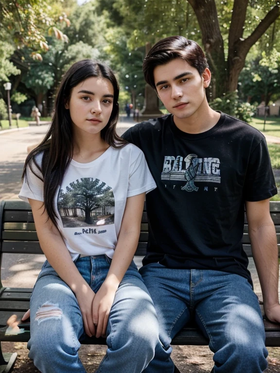 18 year old woman, 20 year old man, wearing a t-shirt and jeans, black hair, sitting on a bench with lots of trees around