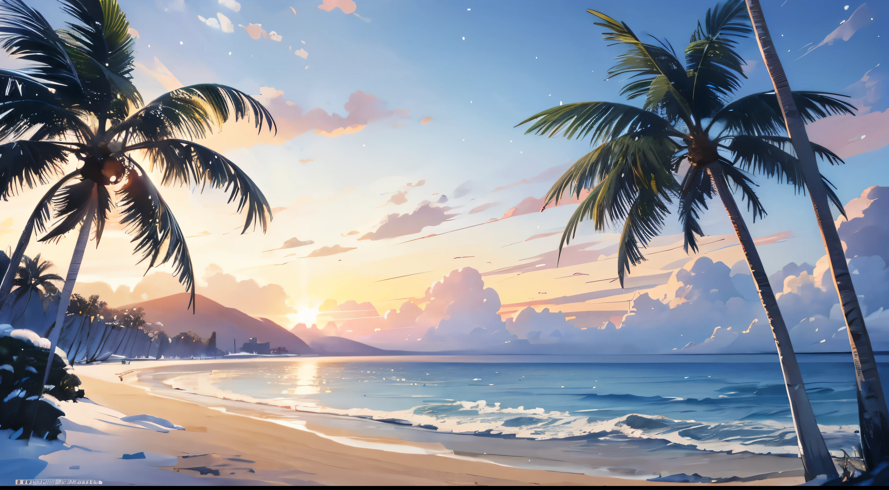 high high quality,winter day,rays of sunshine,bigger滩,sandbeach,bigger,bigger鸥,snow cover,Scattered coconut treeigger水结冰,树上也有snow cover