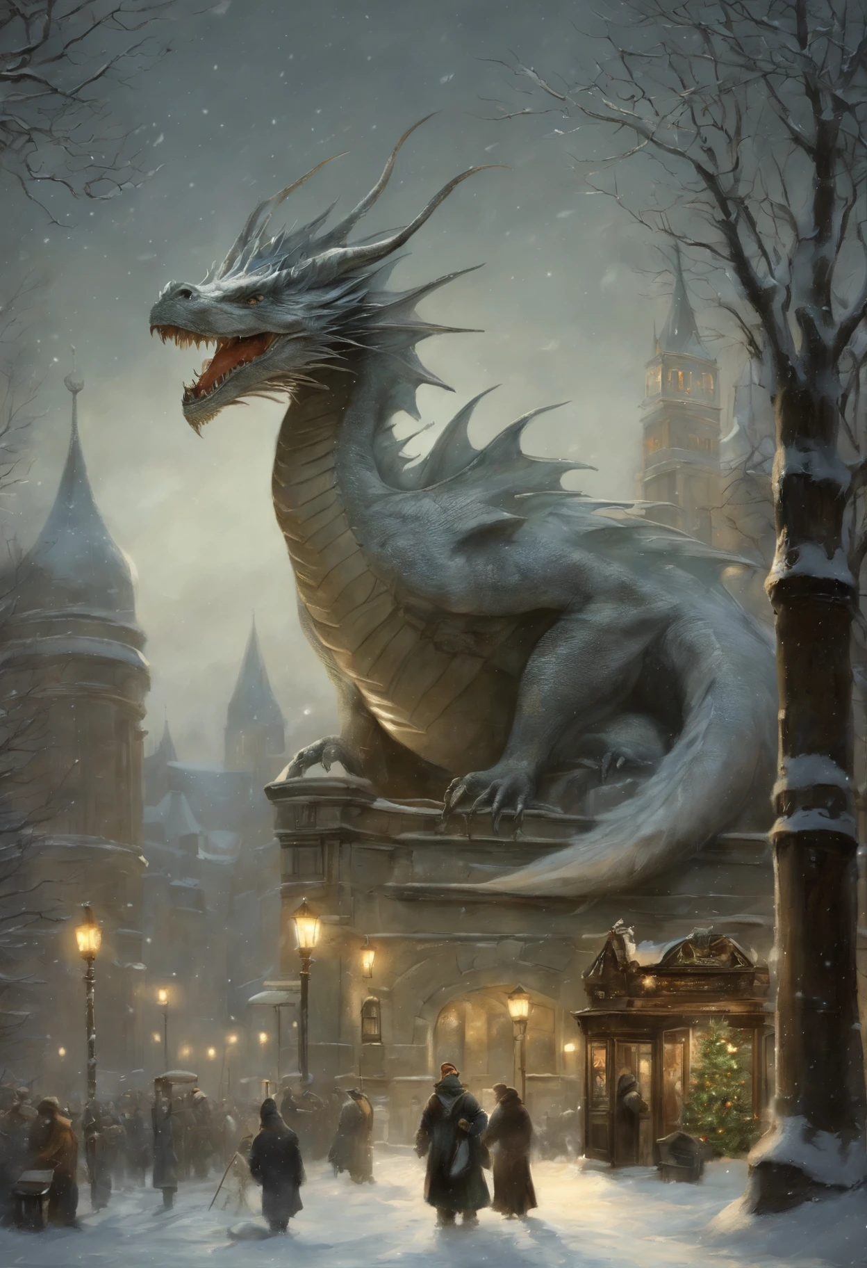 真实感, dark fantasy style, John Tolkien style, Small painting by Jean-Baptiste Monge, winter, Snow is falling, a huge decorated Christmas tree in the city center, a huge white dragon in the center lights up a star on the Christmas tree, area, Christmas tree, large white dragon with a golden crest - boy, anatomically correctly drawn body, Looks like an ancient dragon, The city, megalopolis, city trail, Big Christmas tree, glass skyscraper, Jean-Baptiste Monge, anthropomorphic --ar 2:3 --testp -optimistic;