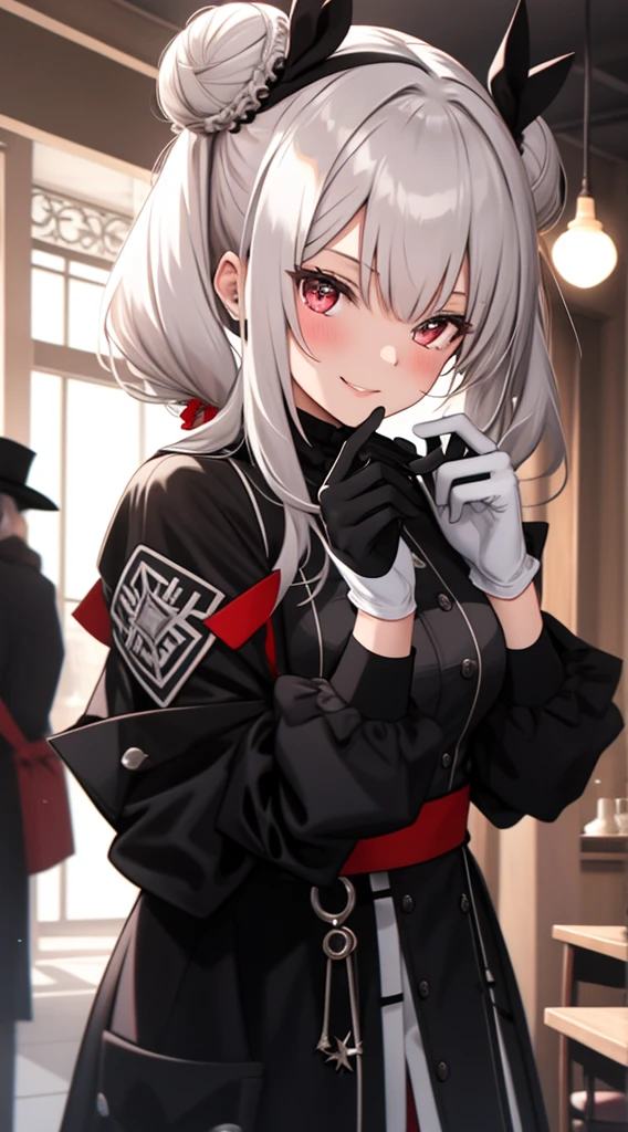 Meisterwerk, best quality, hight resolution, 1girls, Aausagi, double bun, twintails, gescheitelter Pony, Haarschmuck, Ring, Schmuck, Ohrringe, Halskette, durchsichtig, Rote Schleife, white gloves, Ellbogen-Handschuhe, mehrfarbiger Rock, stehend, Nacht, smil, Cowboy erschossen