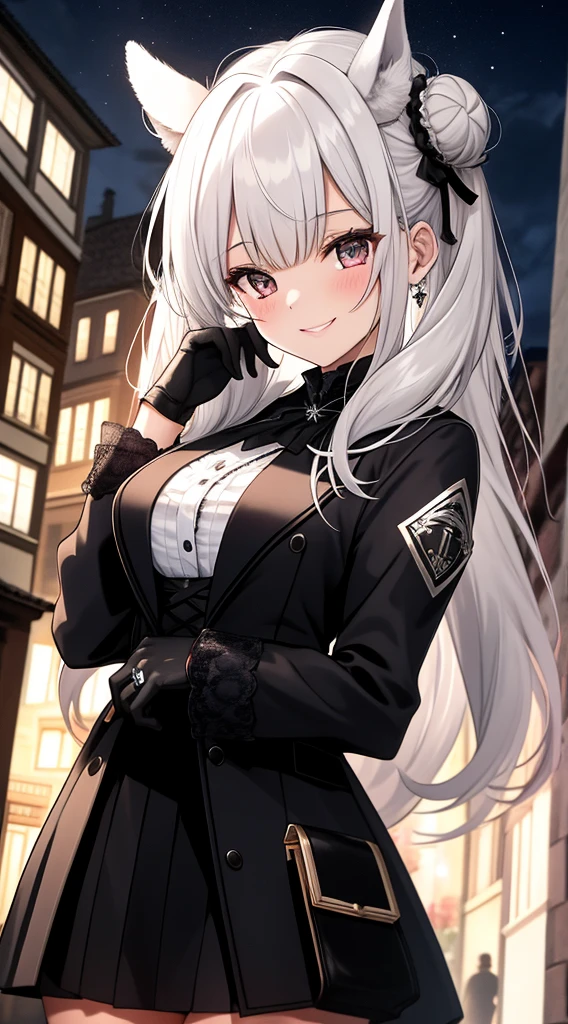 Meisterwerk, best quality, hight resolution, 1girls, Aausagi, double bun, twintails, gescheitelter Pony, Haarschmuck, Ring, Schmuck, Ohrringe, Halskette, durchsichtig, Rote Schleife, white gloves, Ellbogen-Handschuhe, mehrfarbiger Rock, stehend, Nacht, smil, Cowboy erschossen