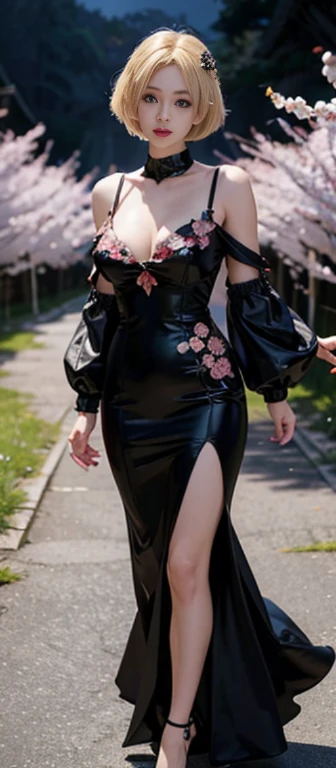 masutepiece, Best Quality, hight resolution, 1girl in, Solo, Lumine (GenshinImpact), Blonde hair, Short hair, black flower ornament hair, huge lips, black lipstick, black devilish queen dress, cherry blossom forest, sakura petals flying, Night, moolite, Devilish smile, sensually devilish, Cordial, Big breasts, Captivating, Attractive, Gorgeous, Smooth, Glowing skin, Full body, queen abyss