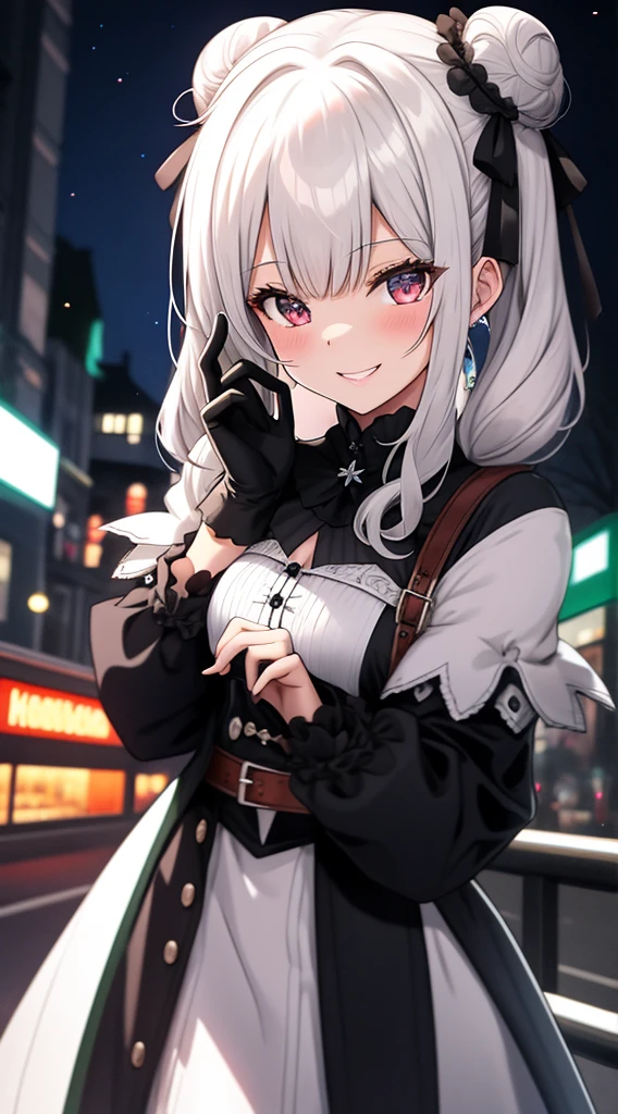 Meisterwerk, best quality, hight resolution, 1girls, Aausagi, double bun, twintails, gescheitelter Pony, Haarschmuck, Ring, Schmuck, Ohrringe, Halskette, durchsichtig, Rote Schleife, white gloves, Ellbogen-Handschuhe, mehrfarbiger Rock, stehend, Nacht, smil, Cowboy erschossen
