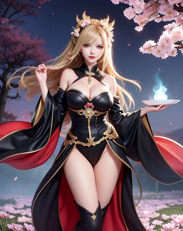 masutepiece, Best Quality, hight resolution, 1girl in, Solo, Lumine (GenshinImpact), Blonde hair, Short hair, black flower ornament hair, huge lips, black lipstick, black devilish queen dress, cherry blossom forest, sakura petals flying, Night, moolite, Devilish smile, sensually devilish, Cordial, Big breasts, Captivating, Attractive, Gorgeous, Smooth, Glowing skin, Full body, queen abyss