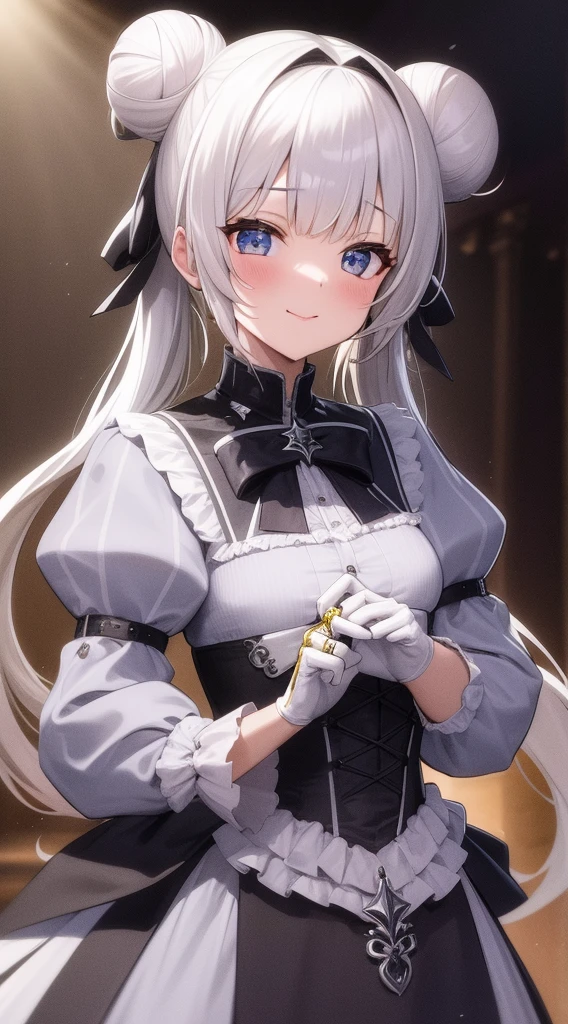 Meisterwerk, best quality, hight resolution, 1girls, Aausagi, double bun, twintails, gescheitelter Pony, Haarschmuck, Ring, Schmuck, Ohrringe, Halskette, durchsichtig, Rote Schleife, white gloves, Ellbogen-Handschuhe, mehrfarbiger Rock, stehend, Nacht, smil, Cowboy erschossen