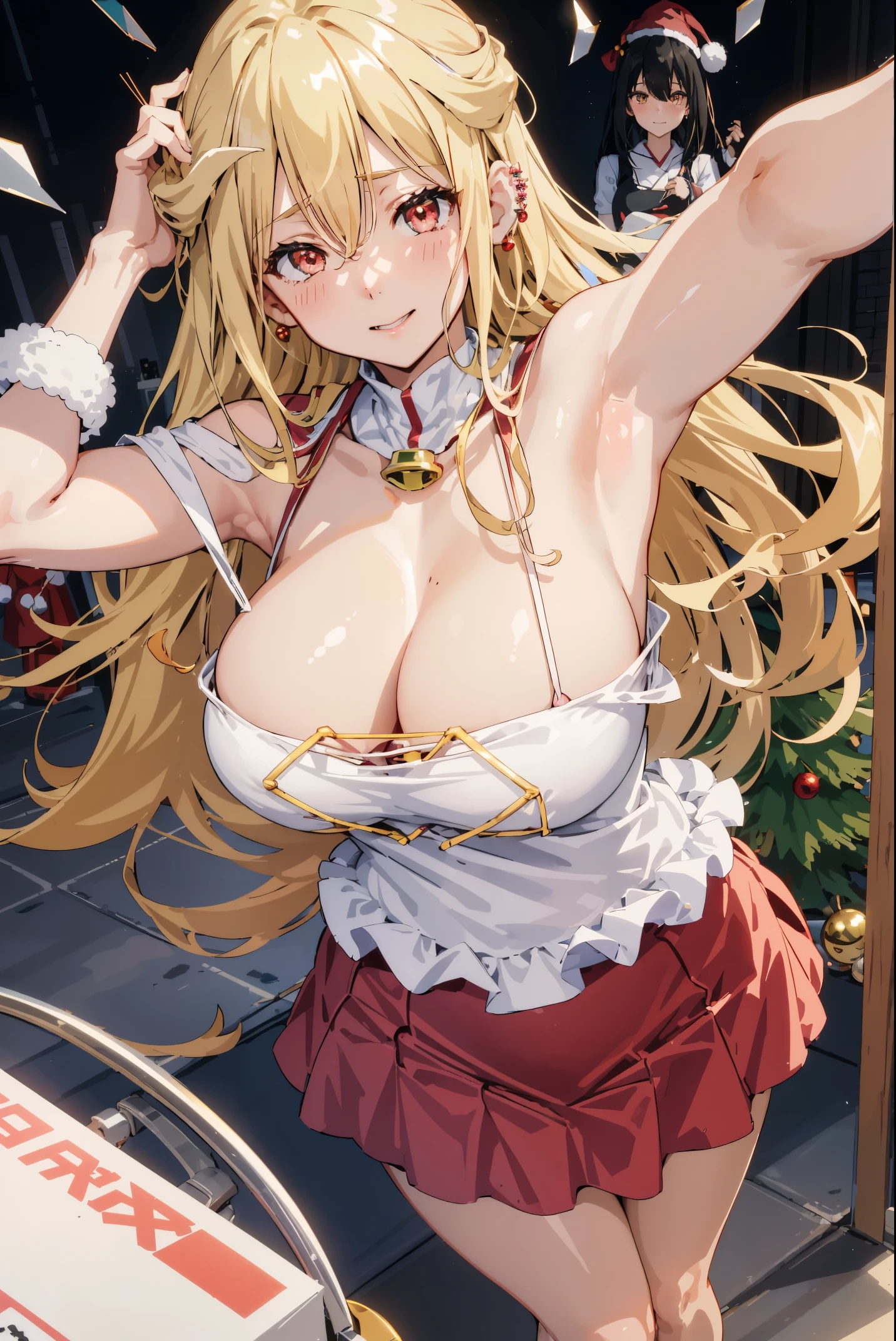 1个Giant Breast Girl, Alone, Best quality at best, 4K, Cute face, Thick lips, Bimbo, , Fur-trimmed sleeveless red dress, Blonde hair, bluntbangs, delicatenecklace, ear piercings, glossy lips, Indoors, Christmas tree, gifts, sitted, Chopping, mini-skirts, Thigh thick, mistletoe, Santa hat, a pink eyes, light smile, Japanese cartoon, Be red in the face, nose Be red in the face