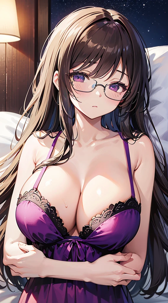 ((masterpiece)), ((best quality)), (ultra-detailed), ((kawaii)), cute, (lovely), ((sexy)), (ero), ((extremely detailed)), 4K, (8K), best quality, (beautiful), anime style, upper body, focus on the face, in the room, on the bed, night, a cute girl, 1girl, solo, pajama, beautiful light brown hair, beautiful purple eyes, ((beautiful eyes)), white-skinned, long hair, transparent hair, translucent hair, large breast, glasses, (((sleeping))), neon light