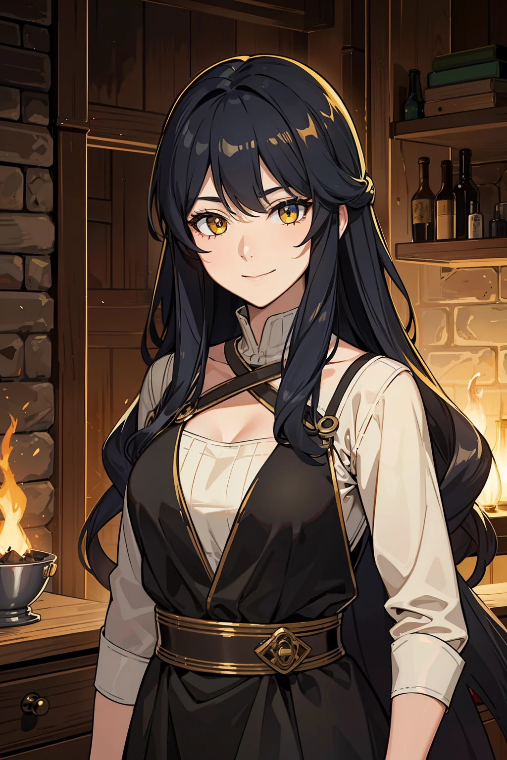 (high-quality, breathtaking),(expressive eyes, perfect face) portrait, 1girl, female, solo, adult woman, age late 20's, black hair, yellow golden eye color, long hair length, soft wavy hair, gentle smile, loose hair, side bangs, looking at viewer, portrait, happy expression, fantasy clothing, blacksmith, blacksmith clothing, blacksmith profession, elegant, mature, height 5"6