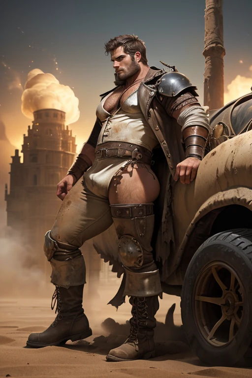 Henry Cavill, (((chubby))), ((chubby face)), ((((big ass)))), natural collor hair, brown skin, (((((Men))))), night, steam, white leather clotes, ((very ripped whole jumpsuit)), earings, acessories, epic composition, perfect hands, perfect composition, perfect fingers, vintage collor lights, ((angry face)), in desert, long leather boots, dunes, ((((dust particules)))), very detailed image, overcoat leather clothe, ancient sand temples, ((big hairy chest)), vintage lights, cinematic composition, epic cinematic pose, white clothes, apocaliptic clothes, (((Mad Max clothes))), (mad max acessories), ((leather steampunk gold collor)), (ancient fabrics clothes), (((steam punk long very ripped cachecol))), (((oil skin))), (((short hair))), realism, ((((big booty)))), (((((slave pose))))), ((((messy short hair)))), ((((perfect legs anatomy)))), ((((looking naughty with dirty)))), ((((white very ripped clothes)))), ((((perfect proporctions)))), ((((beard)))), ((((very high resolution)))), ((((proportions)))), ((Zoom)), kneeing, natural back view, bottom-up view, (epic view), (zoom view), epic composition cinematic scene