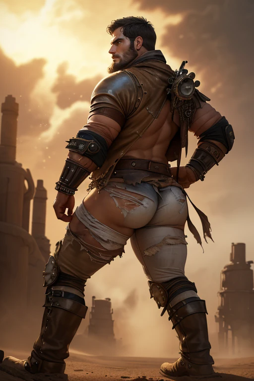 Henry Cavill, (((chubby))), ((chubby face)), ((((big ass)))), natural collor hair, brown skin, (((((Men))))), night, steam, white leather clotes, ((very ripped whole jumpsuit)), earings, acessories, epic composition, perfect hands, perfect composition, perfect fingers, vintage collor lights, ((angry face)), in desert, long leather boots, dunes, ((((dust particules)))), very detailed image, overcoat leather clothe, ancient sand temples, ((big hairy chest)), vintage lights, cinematic composition, epic cinematic pose, white clothes, apocaliptic clothes, (((Mad Max clothes))), (mad max acessories), ((leather steampunk gold collor)), (ancient fabrics clothes), (((steam punk long very ripped cachecol))), (((oil skin))), (((short hair))), realism, ((((big booty)))), (((((slave pose))))), ((((messy short hair)))), ((((perfect legs anatomy)))), ((((looking naughty with dirty)))), ((((white very ripped clothes)))), ((((perfect proporctions)))), ((((beard)))), ((((very high resolution)))), ((((proportions)))), ((Zoom)), kneeing, natural back view, bottom-up view, (epic view), (zoom view), epic composition cinematic scene