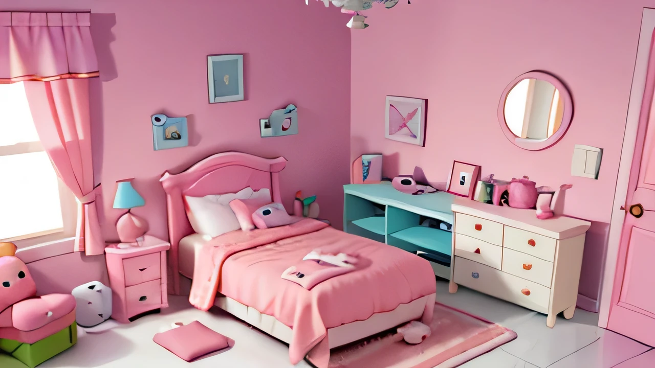 Soft color wardrobe with mirror, A dresser, and pink wall, girl's room, pink room brightly lit, elegant wardrobe, 少女Bedrooms, Inspired by Peter Hay, 3D rendering style, with soft pink colors,multicolored clothing, rendered in 3 dsmax, Bedrooms