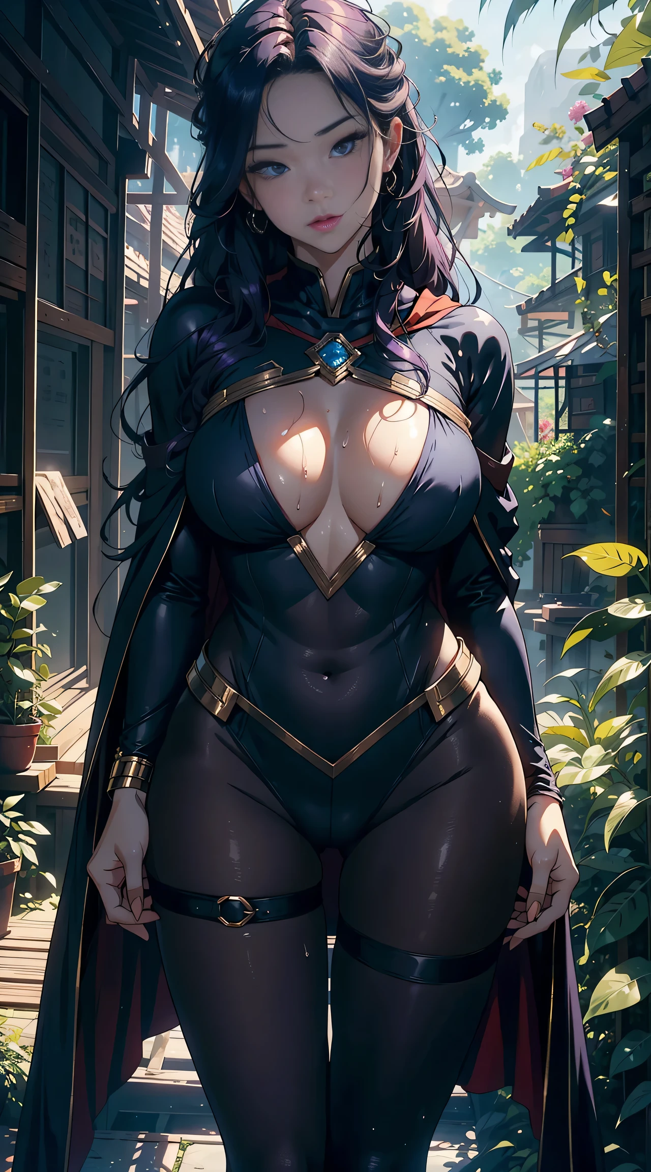 1female,25 age old,Large breasts,long legeig breasts Thin waist,Pornographic exposure, 独奏,(Background with:ln the forest,the rainforest,in summer) She has long purple hair,standing on your feet,Sweat profusely,drenched all over the body,seen from the front, curlies, mostly cloudy sky,(((tmasterpiece),(Very detailed CG unity 8K wallpaper),best qualtiy,cinmatic lighting,detailed back ground,beatiful detailed eyeright pupils,(Very fine and beautiful),(Beautiful and detailed eye description),ultra - detailed,tmasterpiece,)),facing at camera,A high resolution,ultra - detailed),revealing breastare genitalia, Bulge,Camel toes,Raised sexy,Flushed complexion,Open-mouthed,frontage,Supergirl(Wearing:cloaks,Superman uniform,Pantyhose)nakeness,high-heels