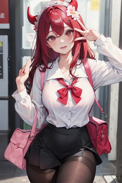 tmasterpiece、Need、1 female student、a blue dress,Shoulder leakage、The chest is large、chubbiness、ssmile、Black suspender tights、lace leggings、pale pink lip、posing at school,(drenched all over the body),legs are open, 独奏, White polo shirt, looking at viewert, (Thigh thick:1.0),Yazawa Nico,red eyes, face flushed,Blunt hair,Flower headdress,Carrying a school bag,saluting,devil horns