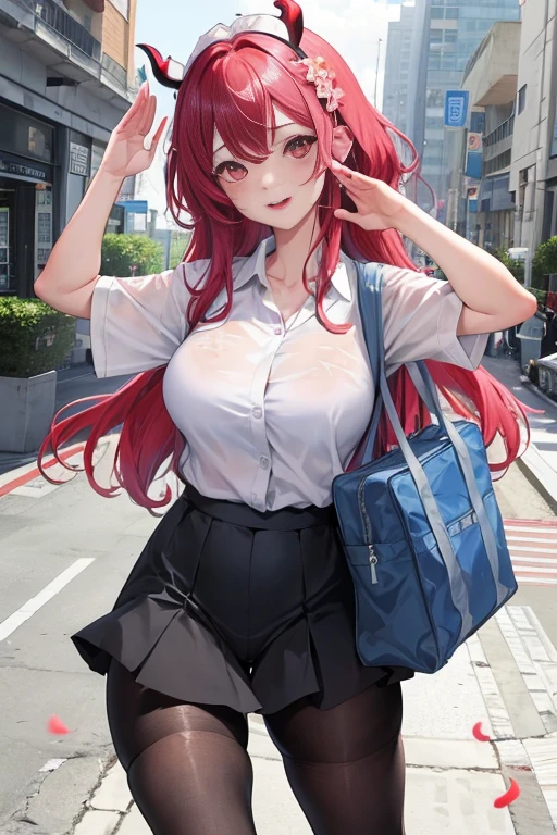 tmasterpiece、Need、1 female student、a blue dress,Shoulder leakage、The chest is large、chubbiness、ssmile、Black suspender tights、lace leggings、pale pink lip、posing at school,(drenched all over the body),legs are open, 独奏, White polo shirt, looking at viewert, (Thigh thick:1.0),Yazawa Nico,red eyes, face flushed,Blunt hair,Flower headdress,Carrying a school bag,saluting,devil horns