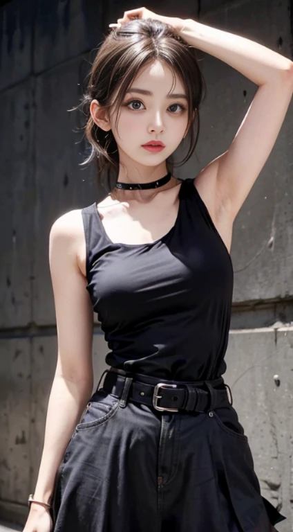 Black skirt, Black Tank Top suspenders, Brown hair short, Gray eyes, 脚のガーターa belt, Big, Tight clothes, a belt Armpit sweat deadpan
