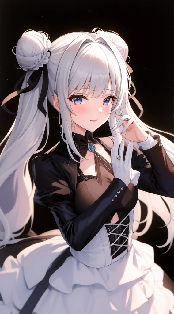 tmasterpiece,Need,JingliuV4,1girl,mitts,shift dresses,minimalistic background,Gray bottom,high-heels,Sit Pose,icey,cowboy lens,White gloves,Beautiful dress,delicate leg,having fun