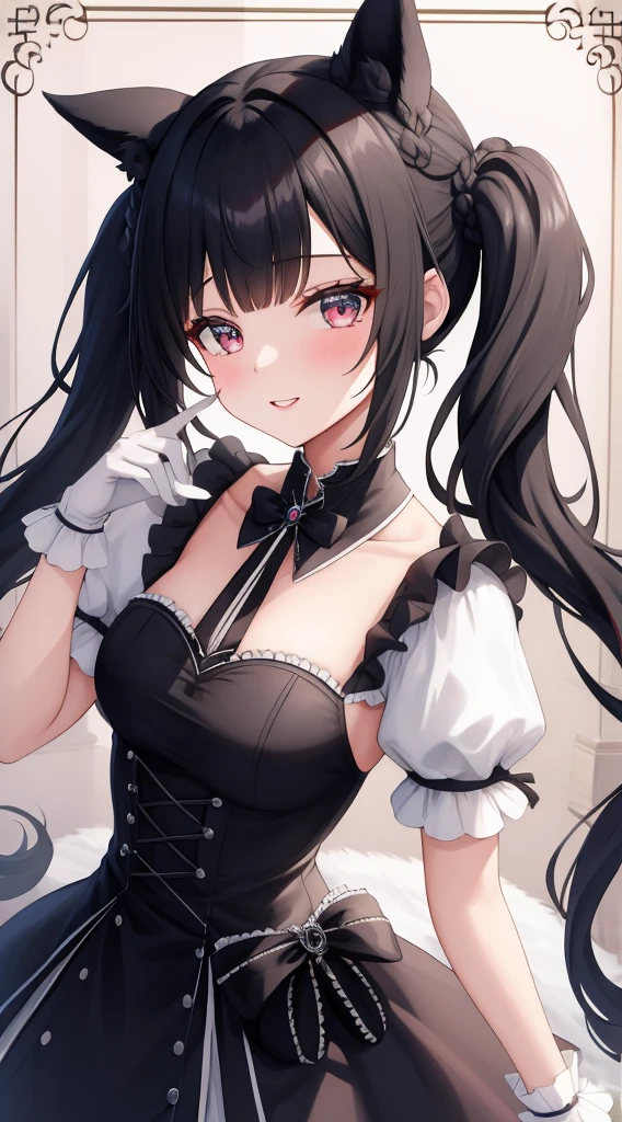 mesugaki,magical girl costume,Bare breasts,huge tit,corsets,Twintails with black hair,(Heterochromia),b
lushed face，Smile with open mouth,garter strap,Top image quality,Best Quality