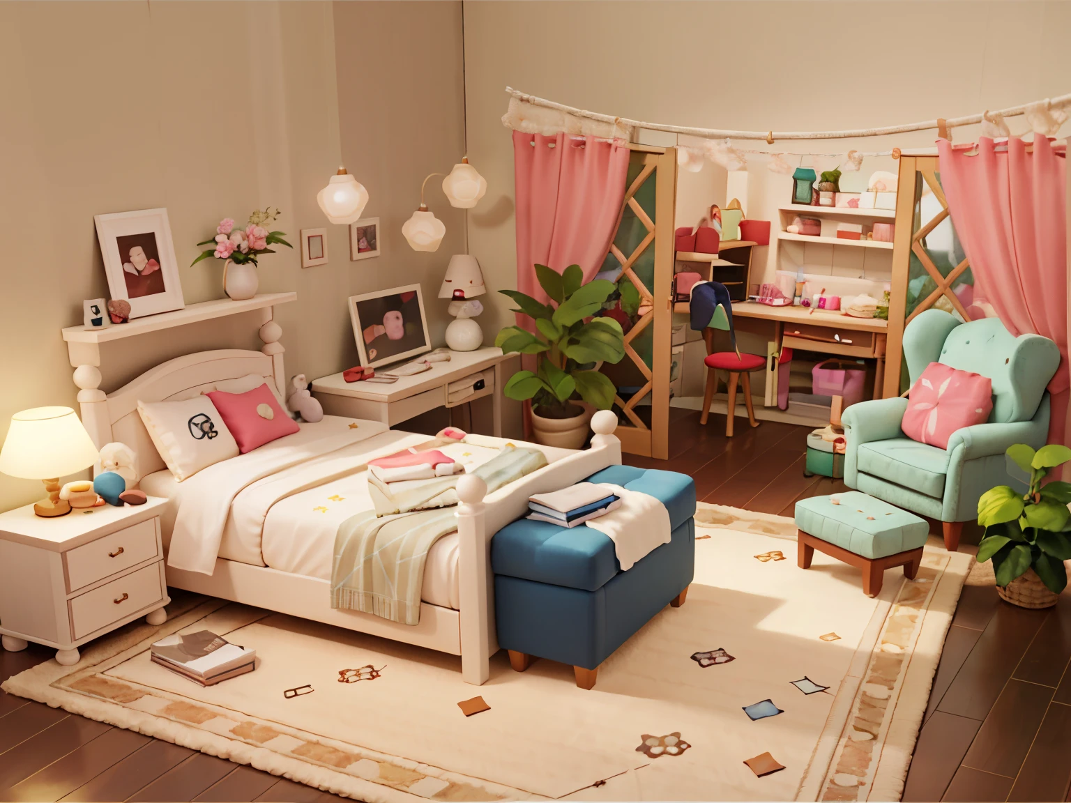interior scenes,Girls' room,ultra clear details,change,16k,Janela's room,mirrors,wardrobe,Hang clothes,Hat rug on the floor,carpets,Unoccupied room,panoramic lens,cozy indoor lighting,电影灯光,Cute color scheme