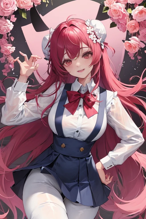 tmasterpiece、Need、1 female student、a blue dress，White cloth bun bun bun、Shoulder leakage、The chest is large、chubbiness、ssmile、Black suspender tights、lace leggings、pale pink lip、posing at school，（drenched all over the body），legs are open， 独奏, White polo shirt, looking at viewert,  (Thigh thick:1.0),Yazawa Nico,red eyes, face flushed,Blunt hair,both hands on hip，greet，Flower headdress，Smile，devil horns