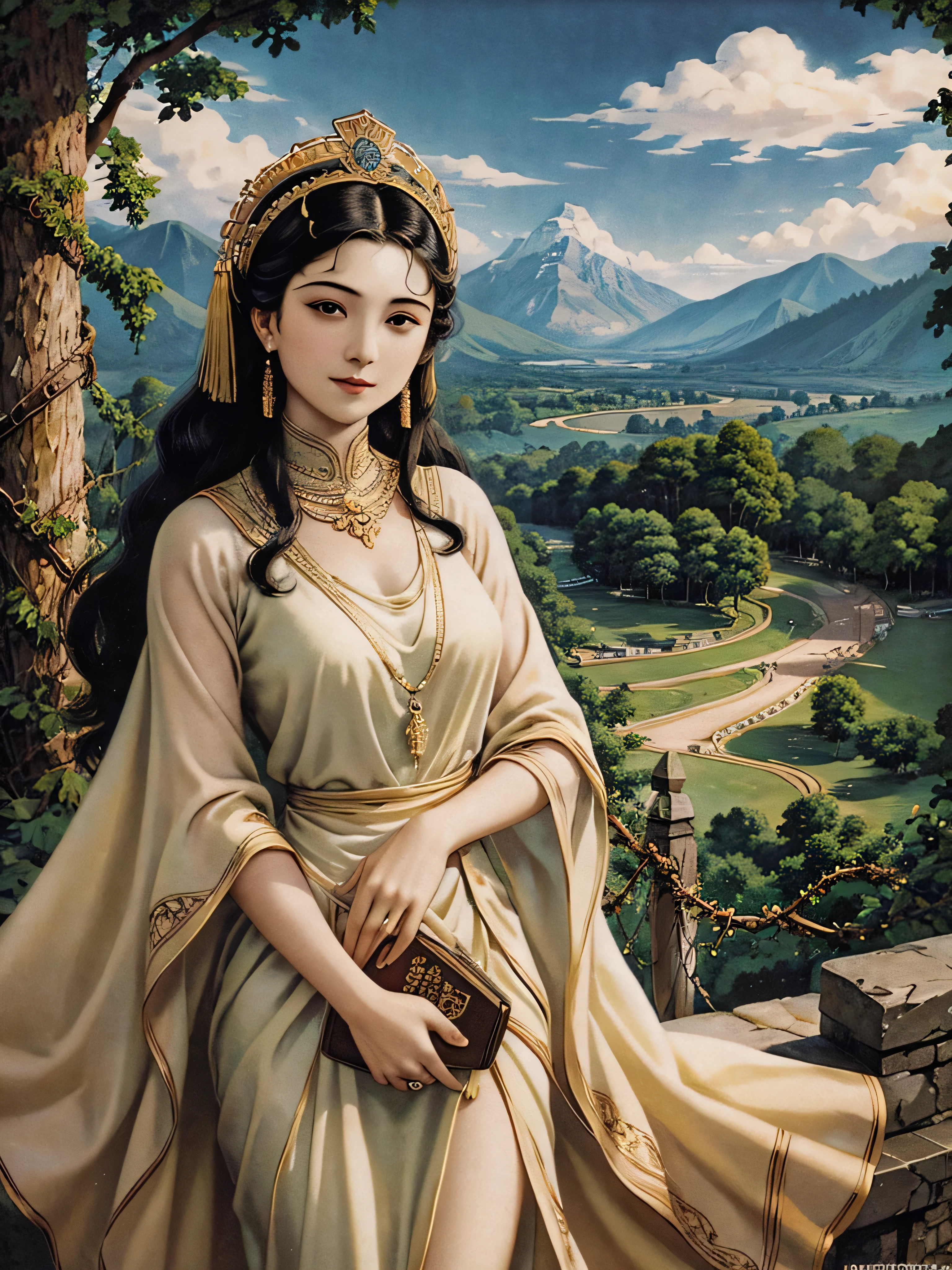 long hair girl bust，beautiful headdress，precious stones，Dignified and beautiful，That bird，The picture quality is beautiful，noble，Luxury，rosette，vines around，Remnants of ancient civilizations，that tree，magnificent mountains in the distance，cloud，mystical forest，middle ingredient，tmasterpiece，k hd，Best quality at best，