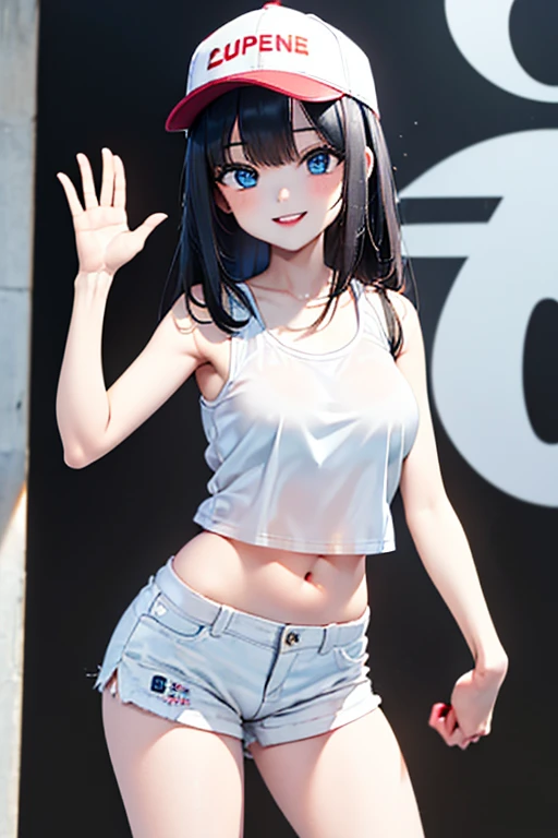 (masterpiece:1.3),(highly detailed:1.3),(highres:1.1),best quality,Ultra-detail,1girl,solo,street,waving,centi \(supreme holiday\),baseball cap,white shirt,see-through shirt,navel,tank top,short shorts,sneakers,smile,looking at viewer,sexy, black hair, blue eyes, large breast