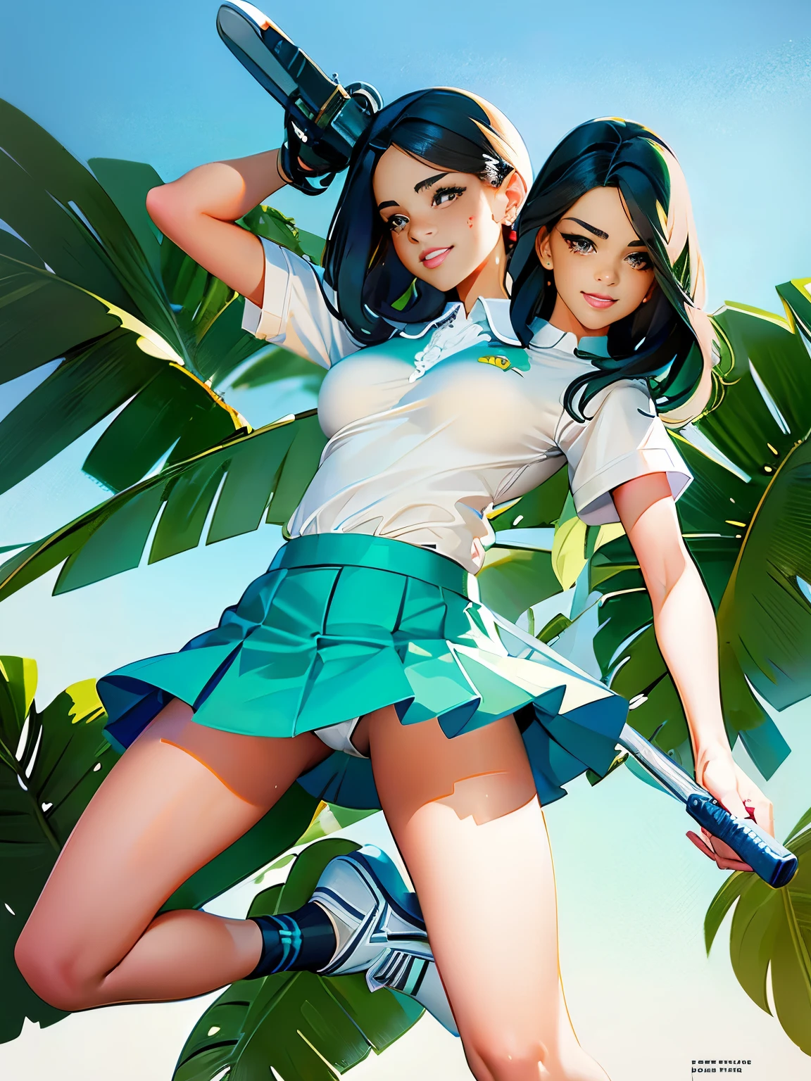 (Two Heads), arafed woman in a white shirt and blue skirt holding a golf club, wearing golf shorts, leg and hip shot, teal skirt, isabela moner, pokimane, leg shot, leg and thigh shot, cover shot, hip and leg shot, golf digest, gorgeous female jade tailor, white shirt and green skirt, karolina cummings, sexy face, cute freckles, small freckles, sexy face with full makeup, detailed flawless face, conjoined