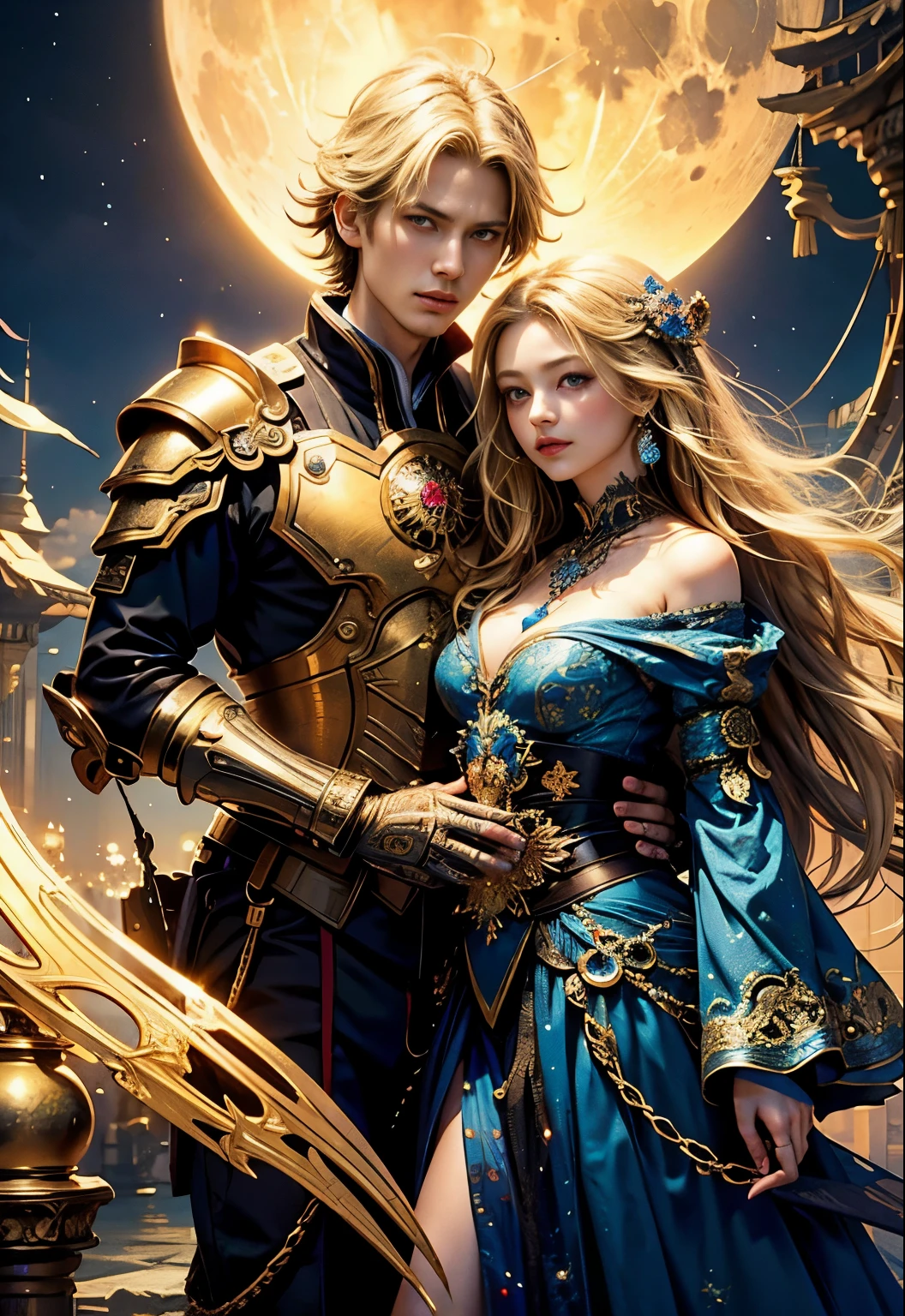 couple photo of two people(masutepiece, of the highest quality, Best Quality, Official art, Beautiful and aesthetic:1.2), (1girl in), ighly detailed,(Fractal Art:1.3),Colorful,highest details, she has long blonde hair and blue eyes, she has a long crystal wand, tome'It's the girl in the center of the photo..、There is a full moon in the background, she is wearing a golden luxurious dress