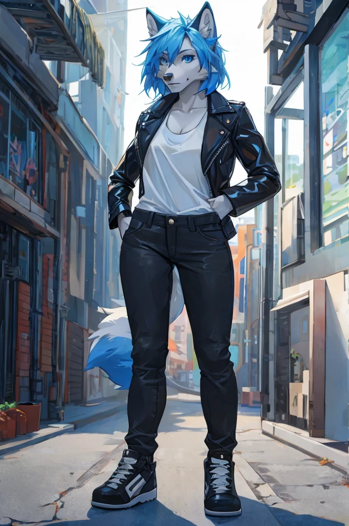 sexy female, short light blue hair, wolf ears, wolf tail, blue eyes, black leather jacket, white tank top, gray jeans, black shoes