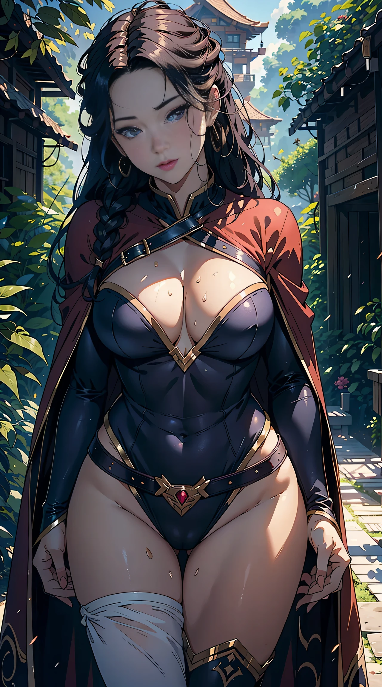1female,25 age old,Large breasts,long legeig breasts Thin waist,Pornographic exposure, 独奏,(Background with:ln the forest,the rainforest,in summer) She has long purple hair,standing on your feet,Sweat profusely,drenched all over the body,seen from the front, curlies, mostly cloudy sky,(((tmasterpiece),(Very detailed CG unity 8K wallpaper),best qualtiy,cinmatic lighting,detailed back ground,beatiful detailed eyeright pupils,(Very fine and beautiful),(Beautiful and detailed eye description),ultra - detailed,tmasterpiece,)),facing at camera,A high resolution,ultra - detailed),revealing breastare genitalia, Bulge,Camel toes,Raised sexy,Flushed complexion,Open-mouthed,frontage,Supergirl(Wearing:cloaks,Superman uniform,Pantyhose)nakeness,high-heels