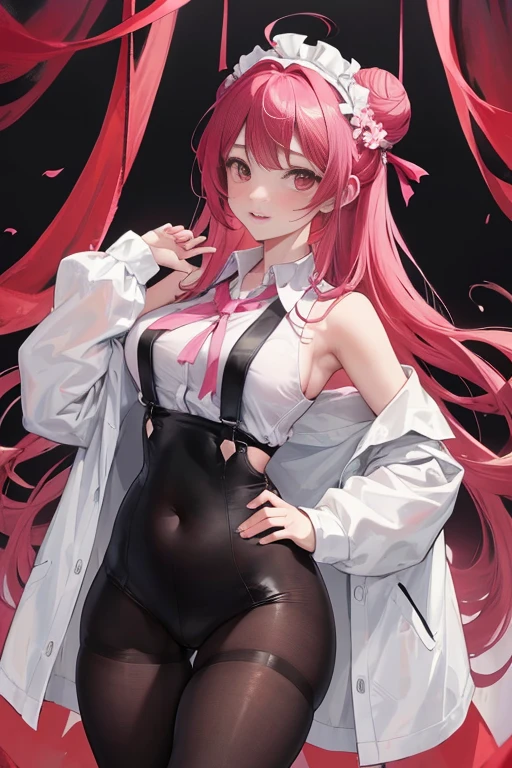 (masterpiece, Highest quality:1.2), highest quality, masterpiece, high resolution, Anime style, portraiture, ash red hair, pink hair, long hair, breasts cleavage, choker, black choker, looking at viewer, barefoot, gold eyes, ((big breasts, huge breasts, large breasts, ample breasts)), cat ears, multicolored hair, gradient hair, navel-gazing, navel, breast exposure, sleepy face, opened zipper