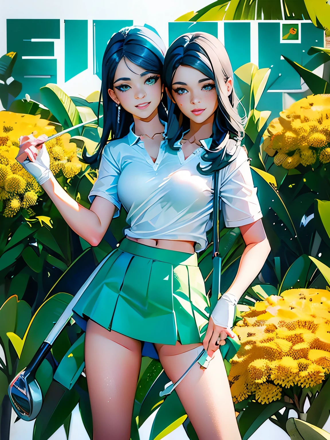 (Two Heads), arafed woman in a white shirt and blue skirt holding a golf club, wearing golf shorts, leg and hip shot, teal skirt, isabela moner, pokimane, leg shot, leg and thigh shot, cover shot, hip and leg shot, golf digest, gorgeous female jade tailor, white shirt and green skirt, karolina cummings, sexy face, cute freckles, small freckles, sexy face with full makeup, detailed flawless face, conjoined