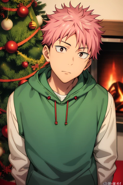 masutepiece, Best Quality, High quality, 1boy, Solo, Male Focus, Looking at Viewer, Upper body, Knotweed_Yuji,In front of the Christmas tree
