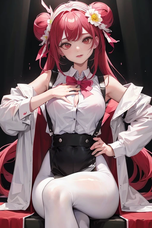 tmasterpiece、Need、1 female student、White cloth bun bun bun、Shoulder leakage、The chest is large、chubbiness、ssmile、Black suspender tights、lace leggings、pale pink lip、posing at school,(drenched all over the body),legs are open, 独奏, White polo shirt, looking at viewert, (Thigh thick:1.0),Yazawa Nico,red eyes, face flushed,Blunt hair,both hands on hip,greet,Flower headdress,Legs crossed