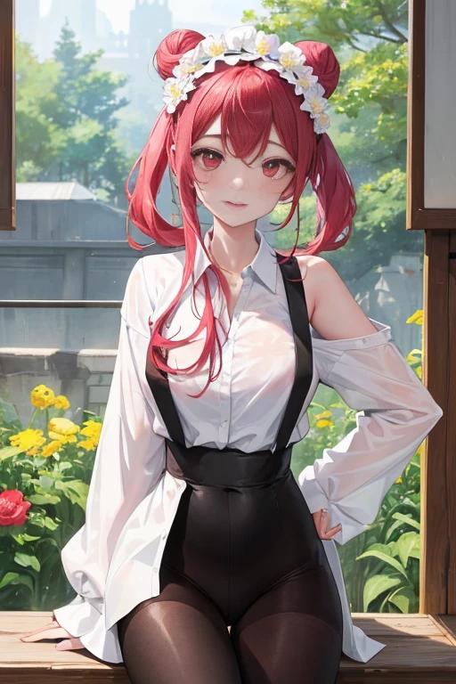 tmasterpiece、Need、1 female student、White cloth bun bun bun、Shoulder leakage、The chest is large、chubbiness、ssmile、Black suspender tights、lace leggings、pale pink lip、posing at school，（drenched all over the body），legs are open， 独奏, White polo shirt, looking at viewert,  (Thigh thick:1.0),Yazawa Nico,red eyes, face flushed,Blunt hair,both hands on hip，greet，Flower headdress，Legs crossed