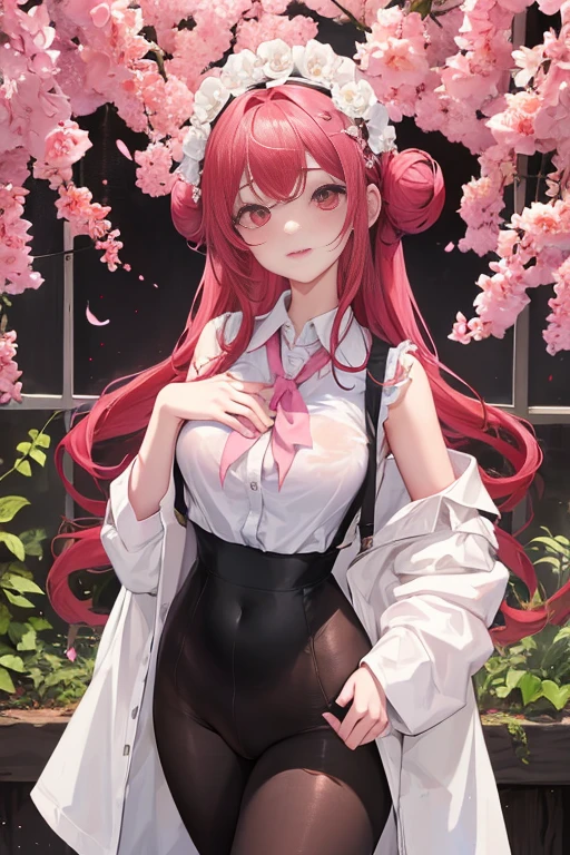 tmasterpiece、Need、1 female student、White cloth bun bun bun、Shoulder leakage、The chest is large、chubbiness、ssmile、Black suspender tights、lace leggings、pale pink lip、posing at school,(drenched all over the body),legs are open, 独奏, White polo shirt, looking at viewert, (Thigh thick:1.0),Yazawa Nico,red eyes, face flushed,Blunt hair,both hands on hip,greet,Flower headdress,Legs crossed