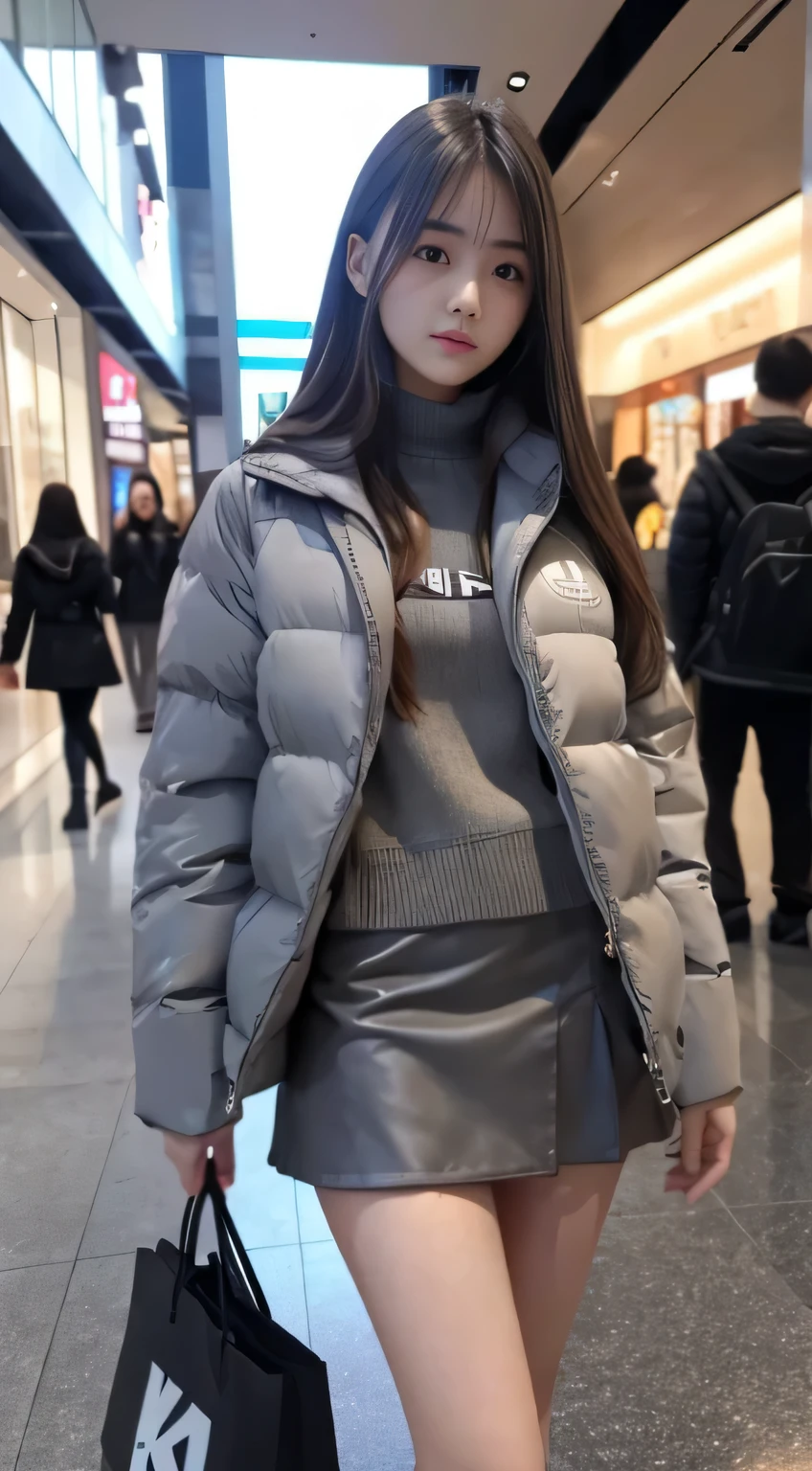 female student、20yr old、Long gray hair、realistically、k hd、down jacket、short skirt、livestock、Inside the mall,Symmetrical thighs、Have a well-proportioned figure、It looks beautiful