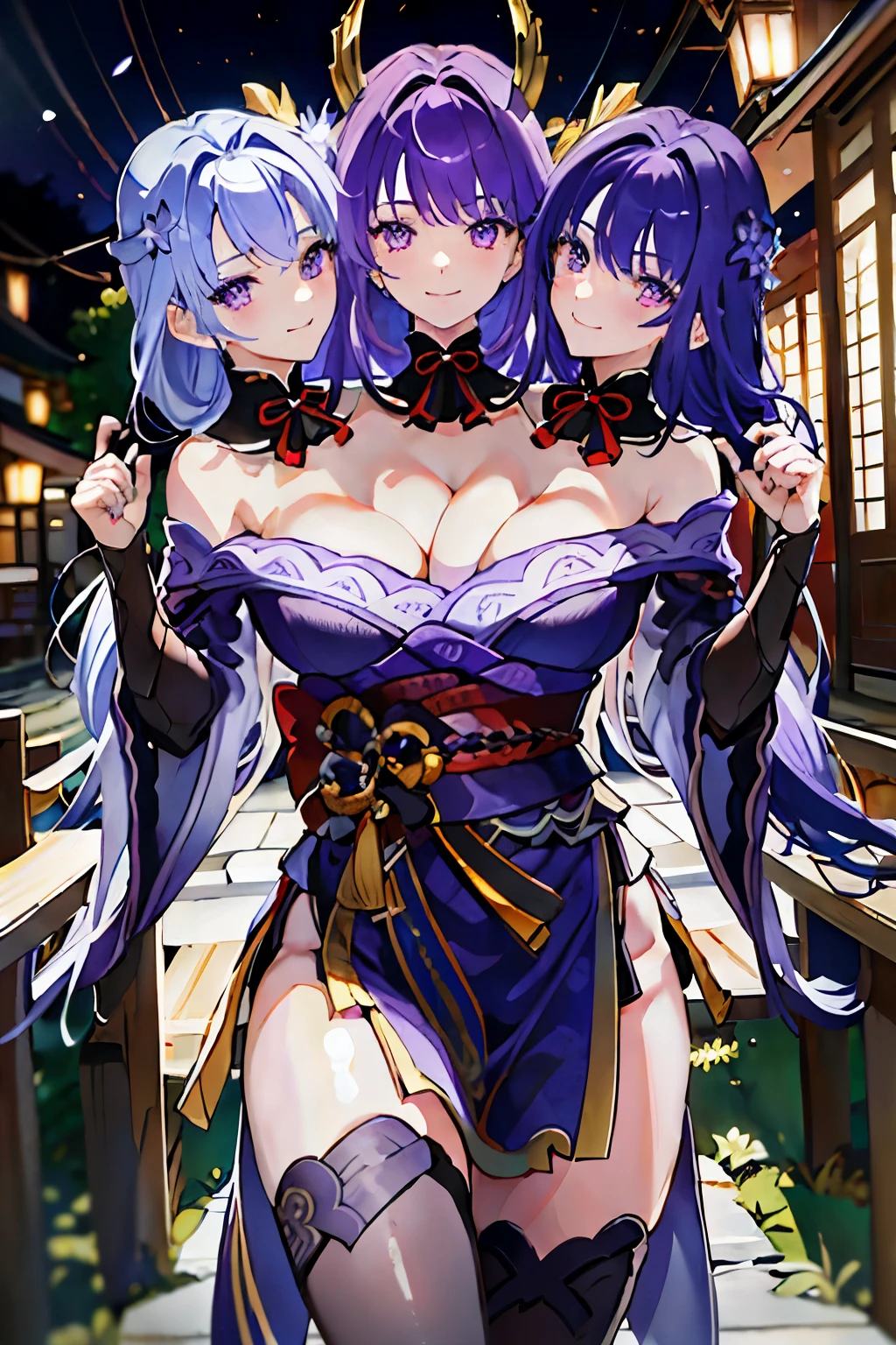 (masterpiece, best quality), best resolution, (3heads:1.5), 1girl, raiden shogun, purple hair, identical hair color, same eye color, necks side by side, necks evenly spaced on shoulders, smiling, outdoors