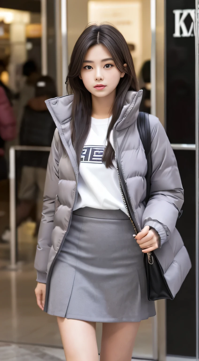 female student、20yr old、Long gray hair、realistically、k hd、down jacket、short skirt、livestock、Inside the mall,Symmetrical thighs、Have a well-proportioned figure、It looks beautiful