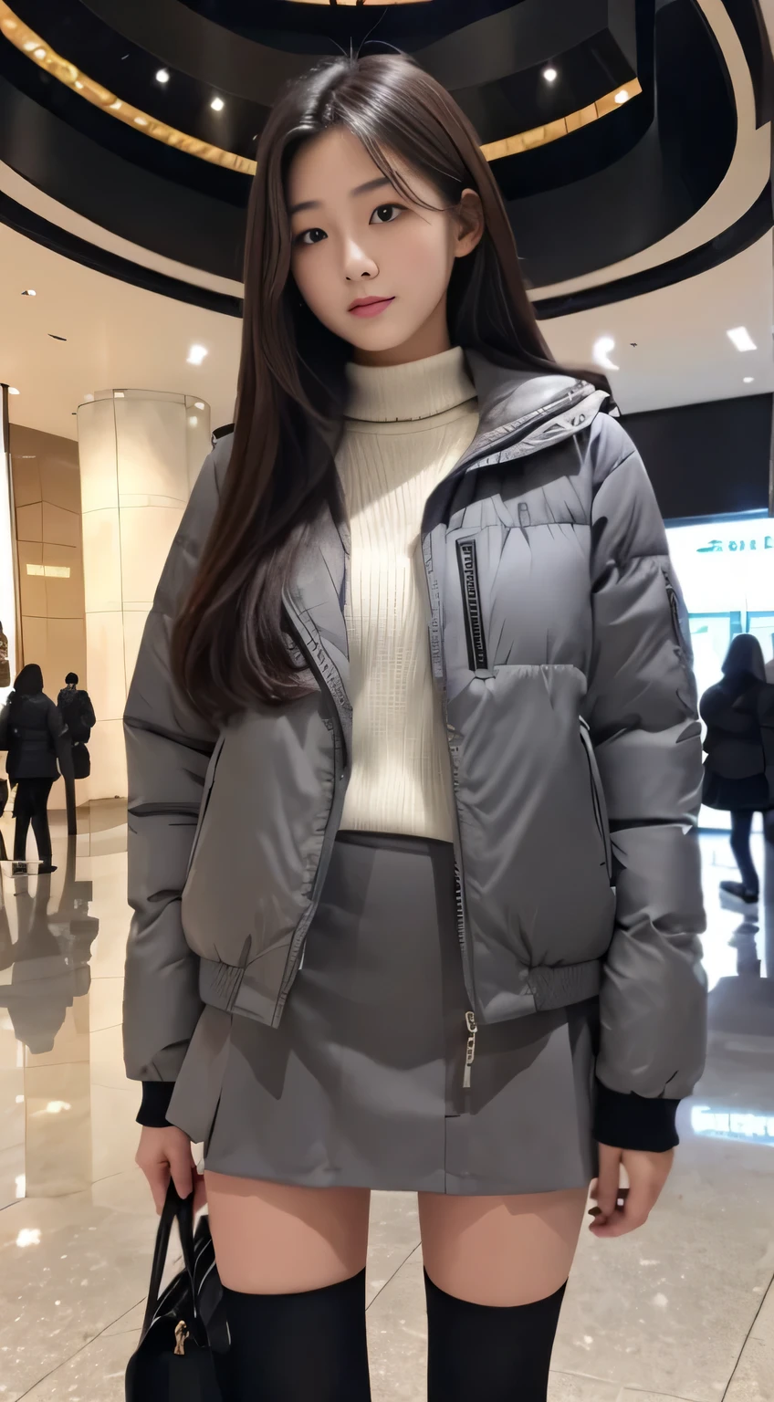 female student、20yr old、Long gray hair、realistically、k hd、down jacket、short skirt、livestock、Inside the mall,Symmetrical thighs、Have a well-proportioned figure、It looks beautiful