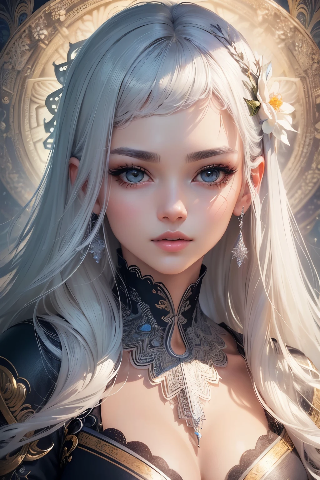 (​masterpiece、top-quality、top-quality、Official Art、Beautifully Aesthetic:1.2)、(1girl in)、ighly detailed、long lashes、de pele branca、cool、Beautiful fece、Well-formed face、silver white hair、Straight Long、(Fractal Art:1.3)、colourfull、highestdetailed