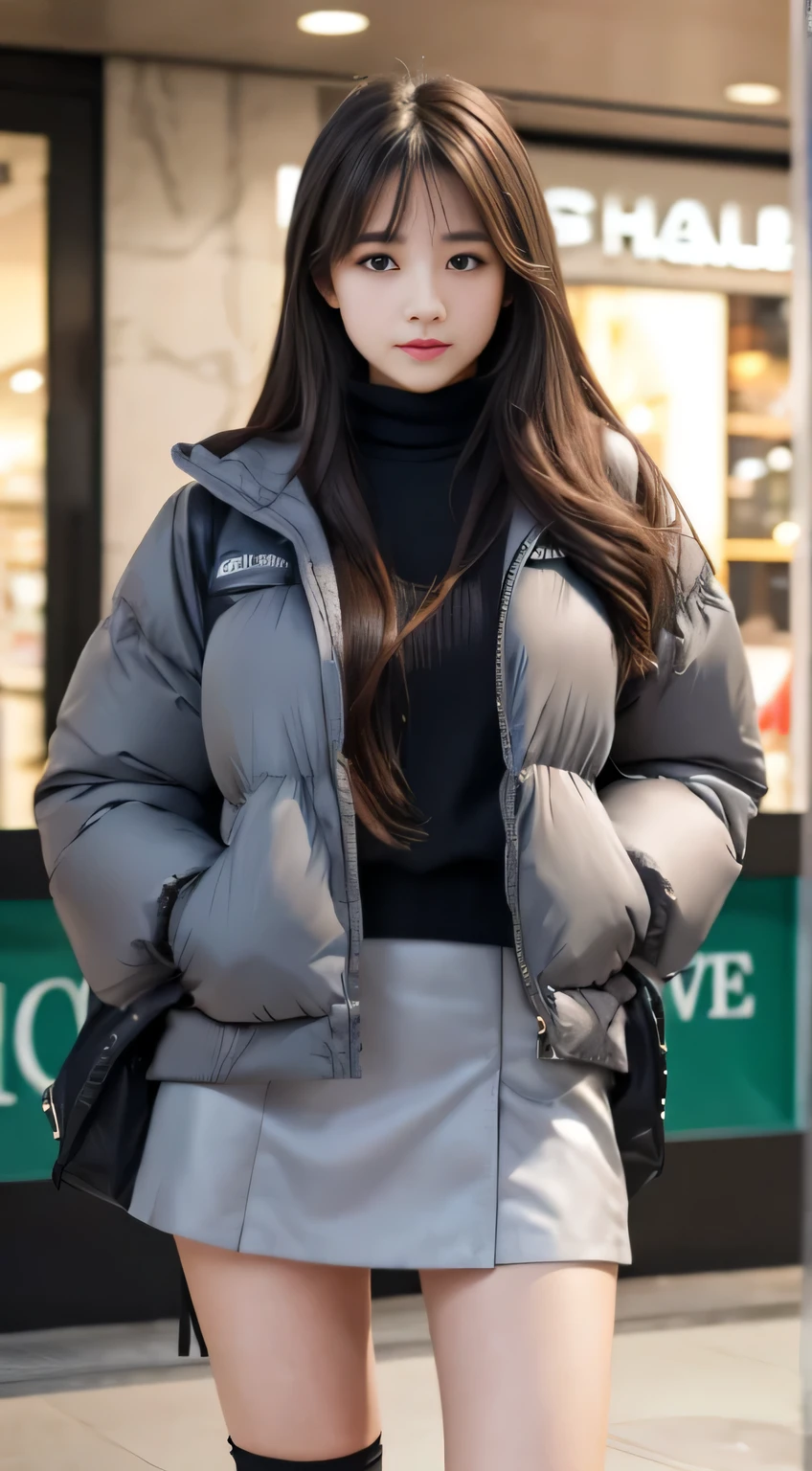 female student、20yr old、Long gray hair、realistically、k hd、down jacket、short skirt、livestock、Inside the mall,Symmetrical thighs、Have a well-proportioned figure、It looks beautiful