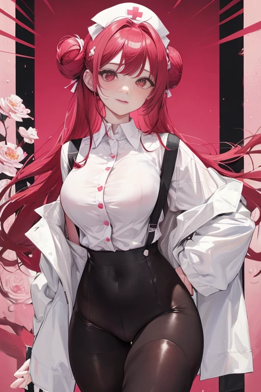 tmasterpiece、Need、1 female student、White cloth bun bun bun、Shoulder leakage、The chest is large、chubbiness、ssmile、Black suspender tights、lace leggings、pale pink lip、posing at school,(drenched all over the body),legs are open, 独奏, White polo shirt, looking at viewert, (Thigh thick:1.0),Yazawa Nico,red eyes, face flushed,Blunt hair,both hands on hip,greet,Flower headdress,Nurse's uniform