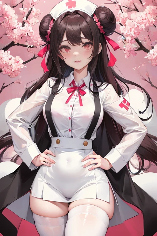 tmasterpiece、Need、1 female student、White cloth bun bun bun、Shoulder leakage、The chest is large、chubbiness、ssmile、Black suspender tights、lace leggings、pale pink lip、posing at school,(drenched all over the body),legs are open, 独奏, White polo shirt, looking at viewert, (Thigh thick:1.0),Yazawa Nico,red eyes, face flushed,Blunt hair,both hands on hip,greet,Flower headdress,Nurse's uniform