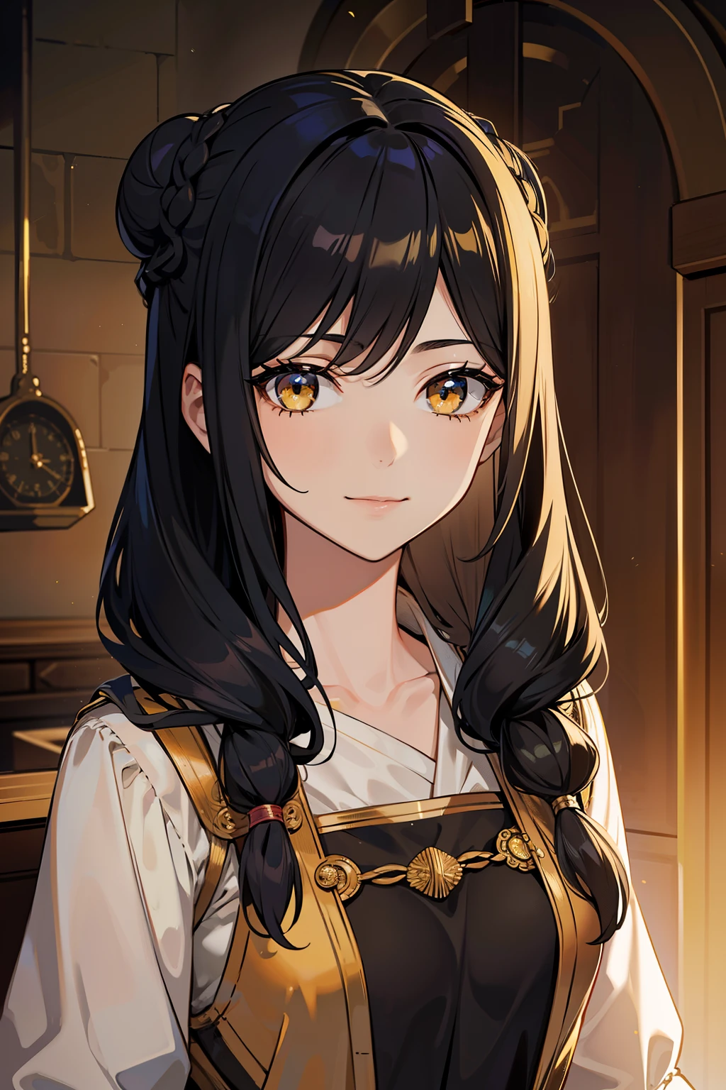 (high-quality, breathtaking),(expressive eyes, perfect face) portrait, 1girl, female, solo, adult woman, age late 20's, black hair, yellow golden eye color, long hair length, soft wavy hair, gentle smile, side bangs, looking at viewer, portrait, happy expression, fantasy clothing, blacksmith, blacksmith clothing, blacksmith profession, elegant, mature, height 5"6, bun hairstyle, tied back hair