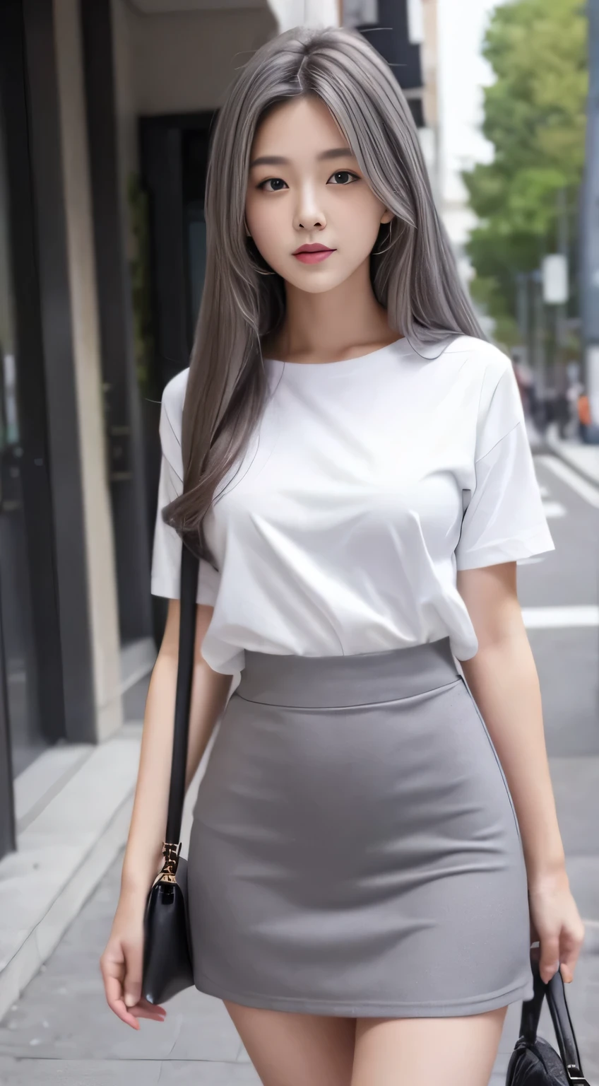 female student、20yr old、Long gray hair、realistically、k hd、short  skirt、Symmetrical thighs、Have a well-proportioned figure、It looks beautiful