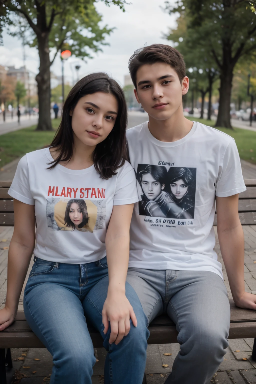 ((best quality)), ((masterpiece)), (detailed), perfect face, 20 year old woman, 20 year old man, wearing a t-shirt and jeans, black hair, sitting on a bench in park