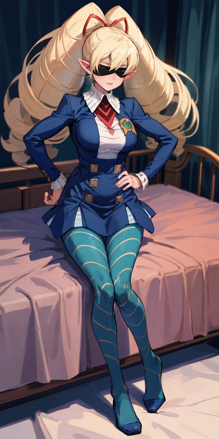 (masterpiece), (best quality), (ultra-detailed), line drawing, skindentation, (high resolution), cowboy shot, blindfold, blinfolded eyes, female big breast, full body, fetal positon on bed (shackles on legs and arms inside bed), (high quality, best rendering), (8k), sharp focus, highres, 1girl, drow, colored skin, dark elf, pointy ears, (high quality:1.2), (high detail:1.2), (masterpiece:1.2), (extremely detailed:1.2), hands on hips, twintails, twin drills, dress, blue pantyhose, striped pantyhose, Handcuffs on their hands, With a collar around the neck
