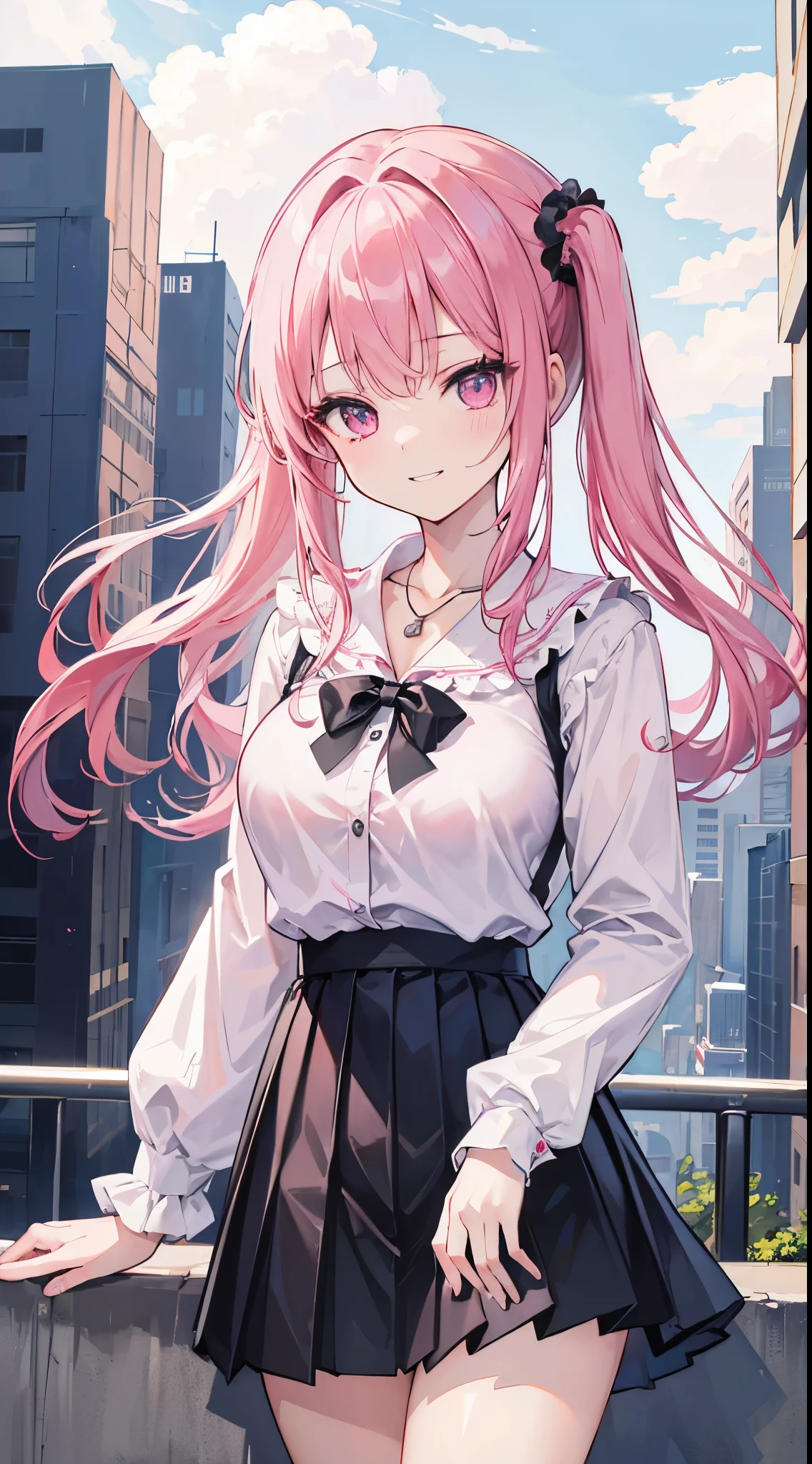 (8K、Top image quality、top-quality、​masterpiece)、A detailed face、1 girl in、A pink-haired、Long、Pink eyes、耳环、grinning evily、large full breasts、White collared shirt、Roll up your arms、a necklace、((Removed button))、cleavage、Scrunchie on right wrist、Black Mini Pleated Skirt、thighs、cowboy  shot、City background